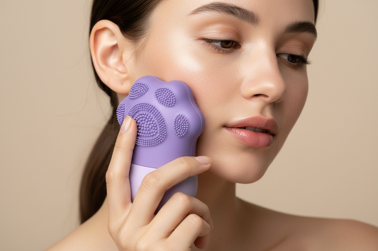 Woman using a purple facial cleansing brush on her face against a beige background