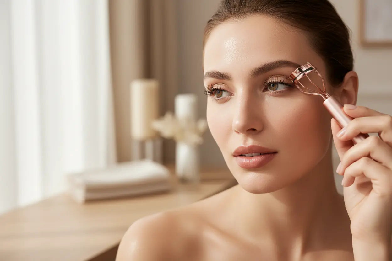 Woman using a heated eyelash curler in a natural light setting, showcasing beauty tools and skincare routine.