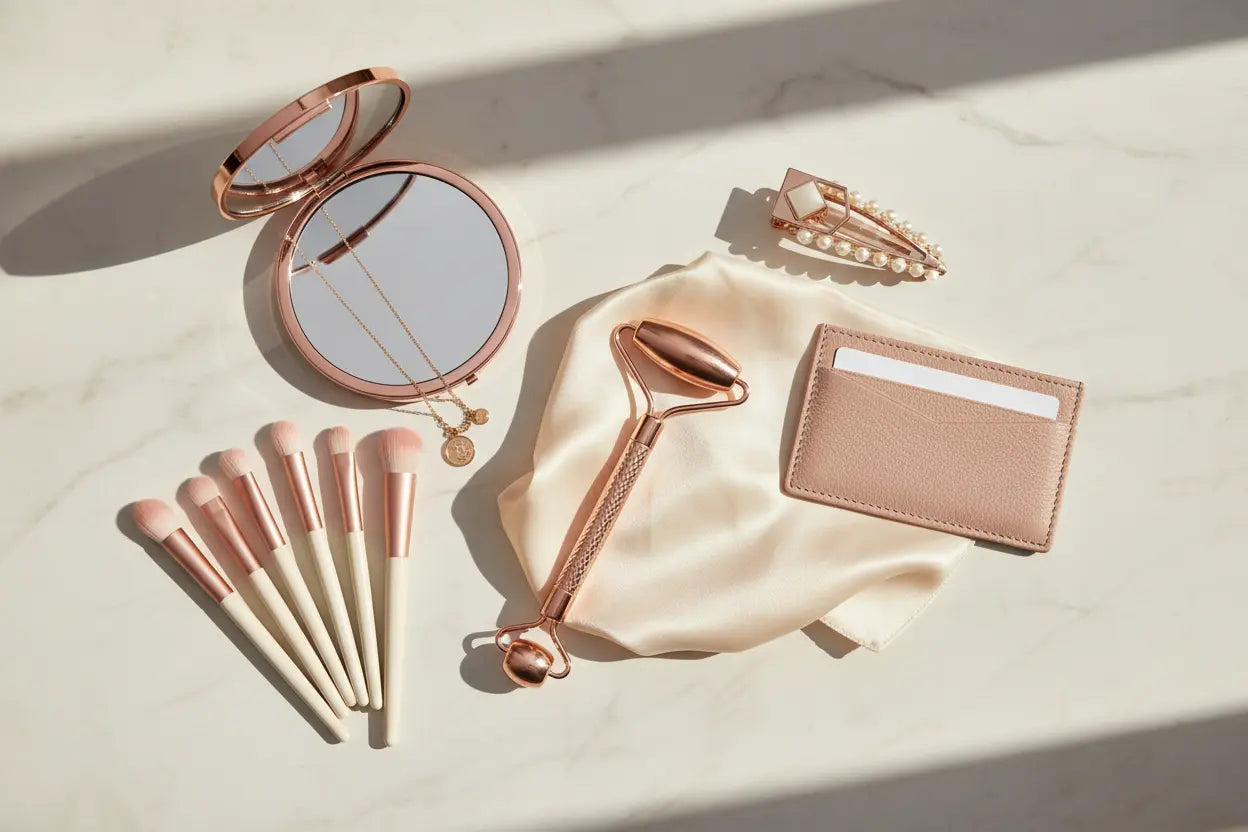 Beauty and fashion essentials including makeup brushes and cosmetic tools arranged neatly