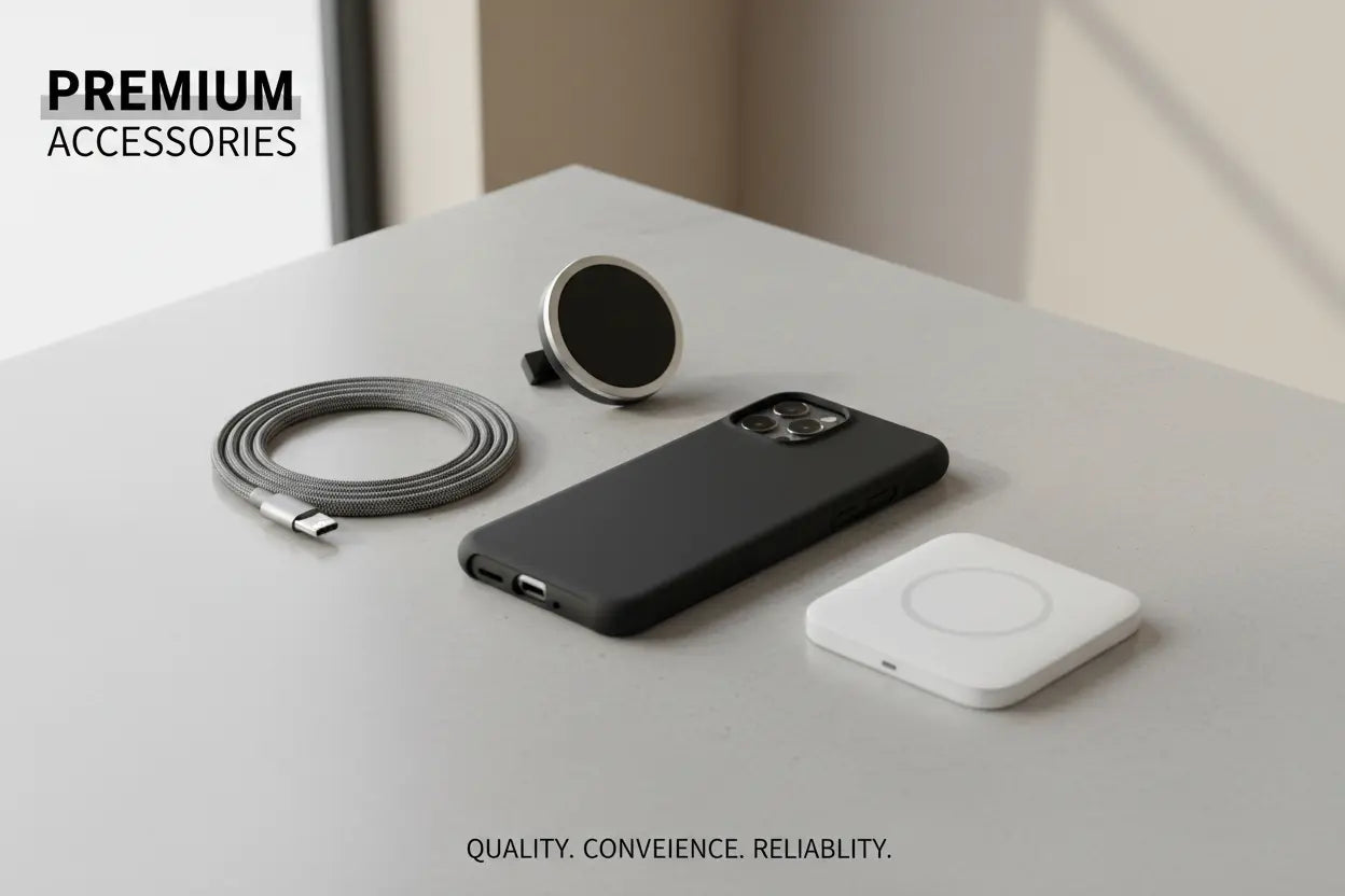 Essential phone accessories including charging cable, phone case, and mobile devices displayed together