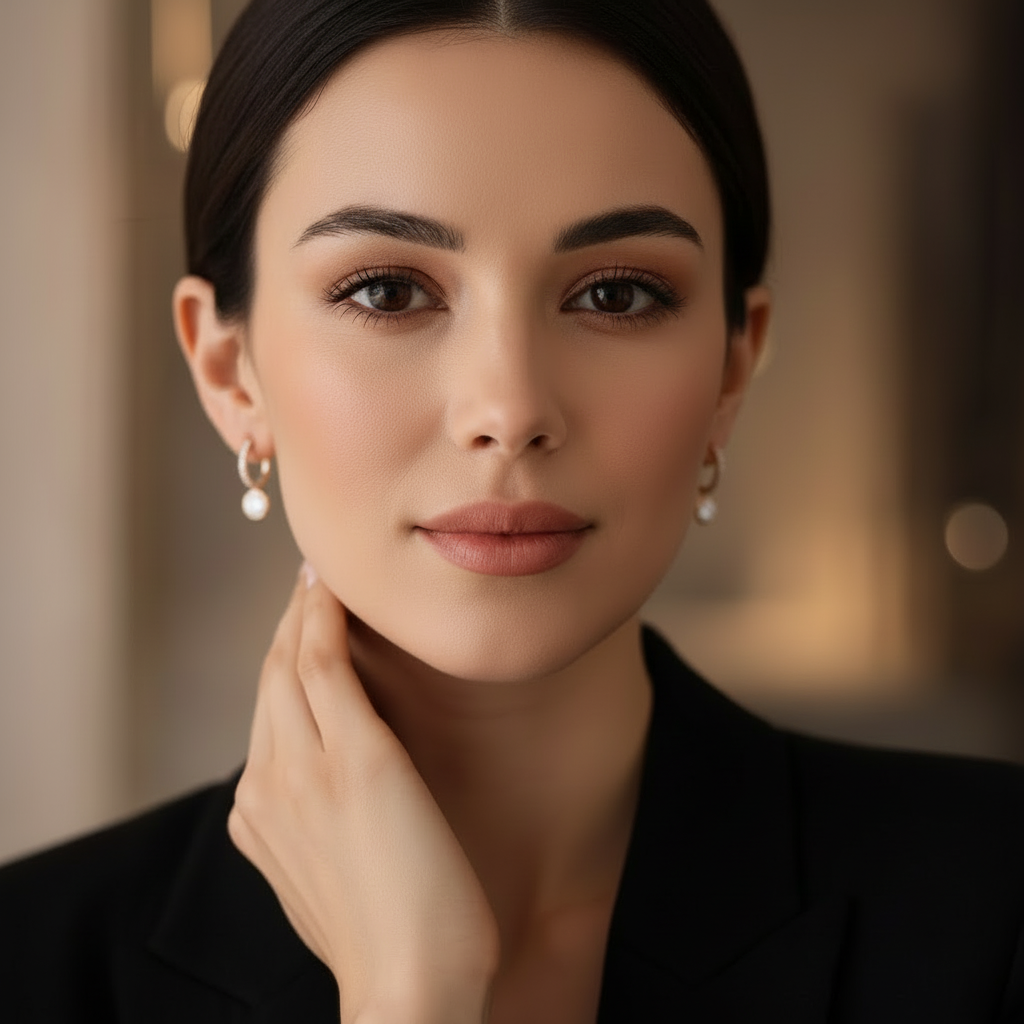 Close-up of a woman wearing a diamond earring with a blurred background