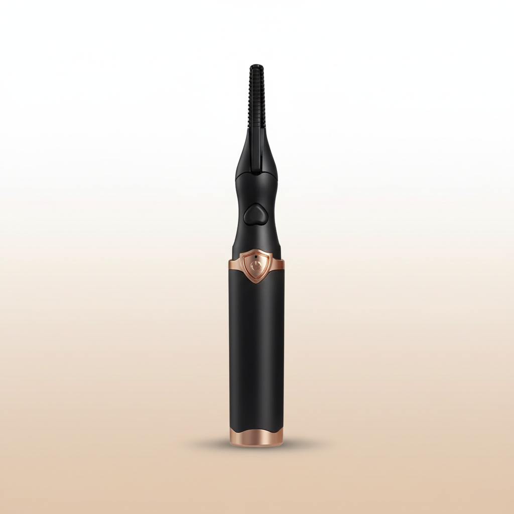 Black and rose gold hair styling tool on a gradient beige background