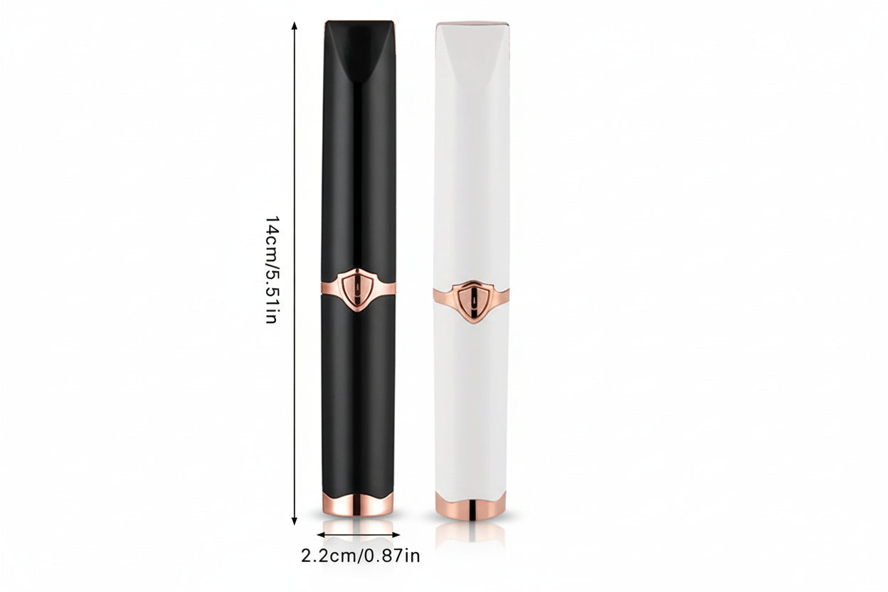 Black and white cylindrical products with rose gold accents, showing dimensions on a white background.