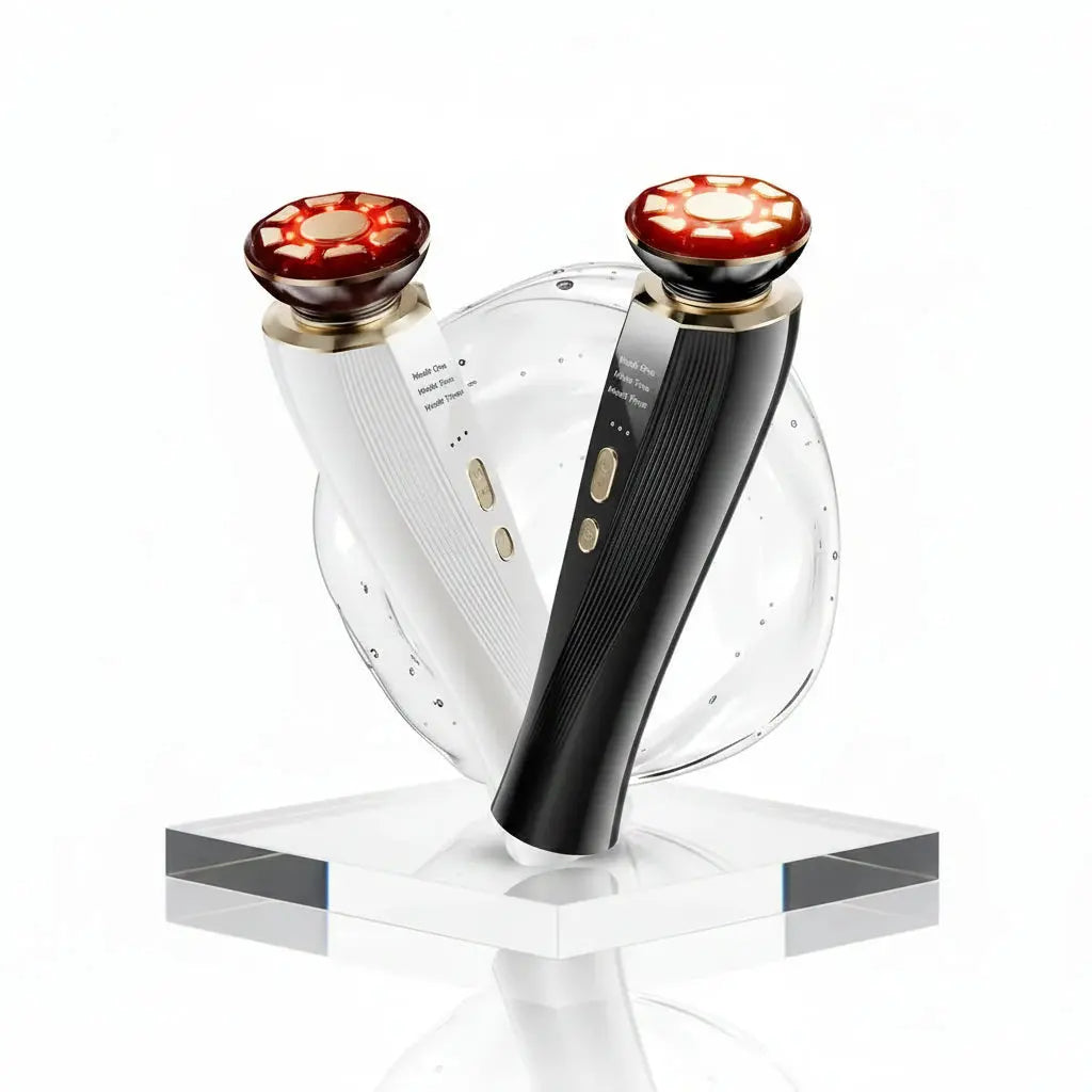 Black and white handheld device with red lights on a white background
