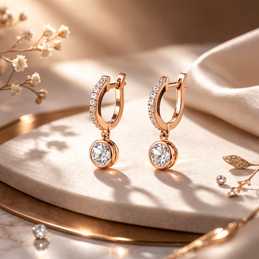 Rose gold hoop earrings with clear gemstones on a beige surface with flowers and jewelry.
