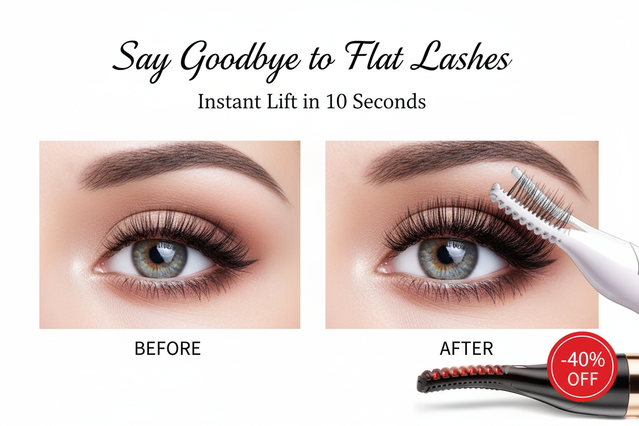 Before and after comparison of eyelashes with a lash lifting tool, showing an instant lift effect.