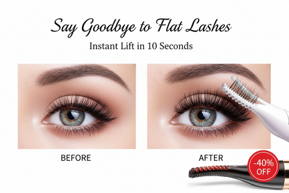 Before and after comparison of eyelashes with a lash lifting tool, showing an instant lift effect.