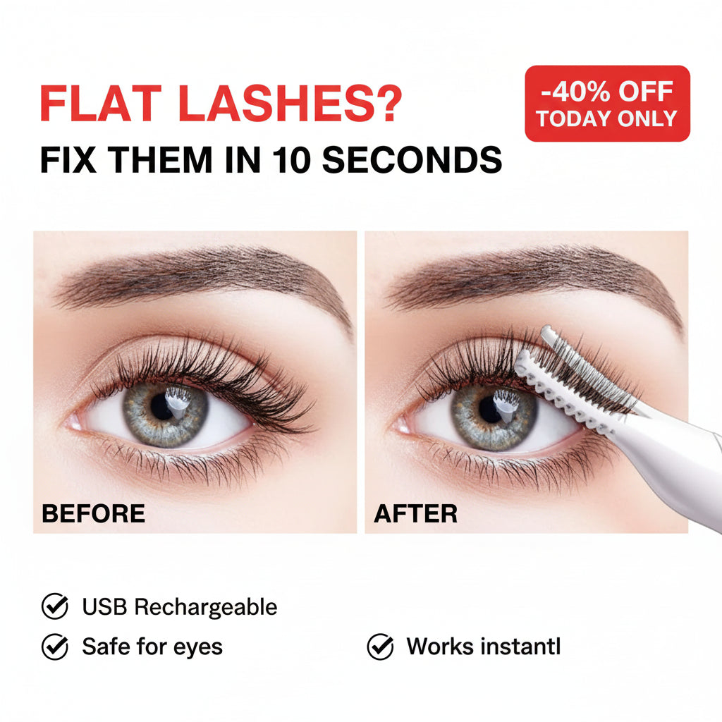 Eyebrow grooming tool with close-up of eye and additional tools on a white background