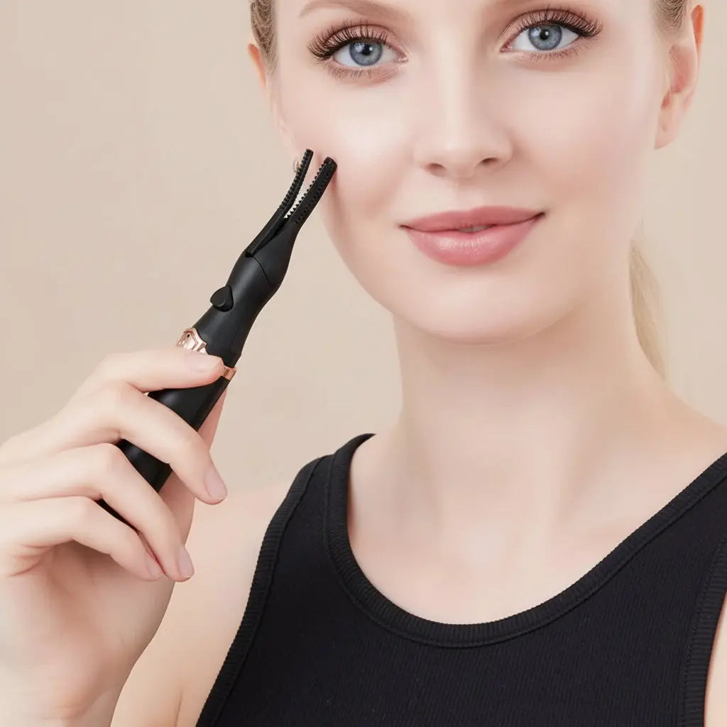 Eyelash curler with close-up shots of eyelashes and a woman using it.