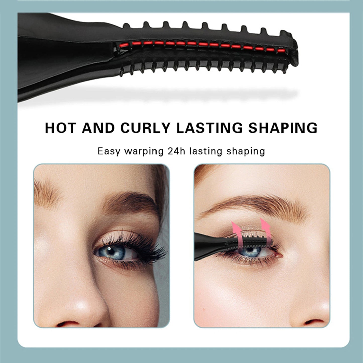 Eyelash curler with text 'Hot and Curly Lasting Shaping' and before-and-after images of eyelashes.