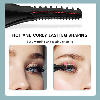 Eyelash curler with text 'Hot and Curly Lasting Shaping' and before-and-after images of eyelashes.