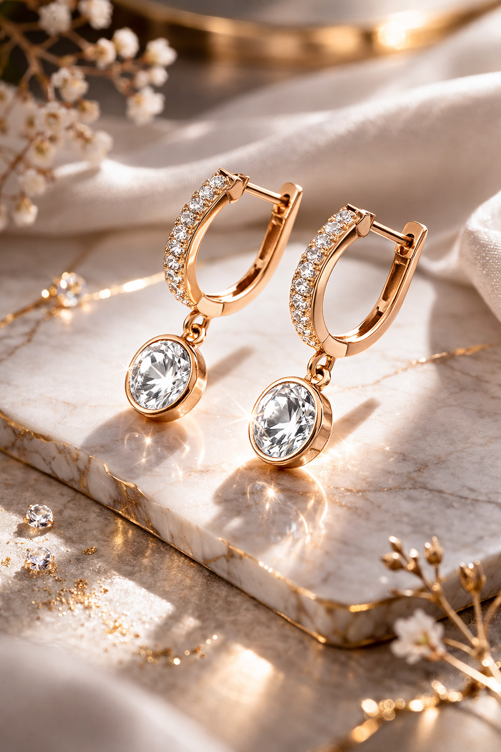 Rose gold hoop earrings with clear gemstones on a marble surface with decorative elements.