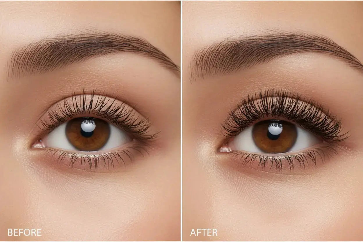 Heated eyelash curler Lash Lift Pro results before and after showing natural lifted lashes close-up eye comparison