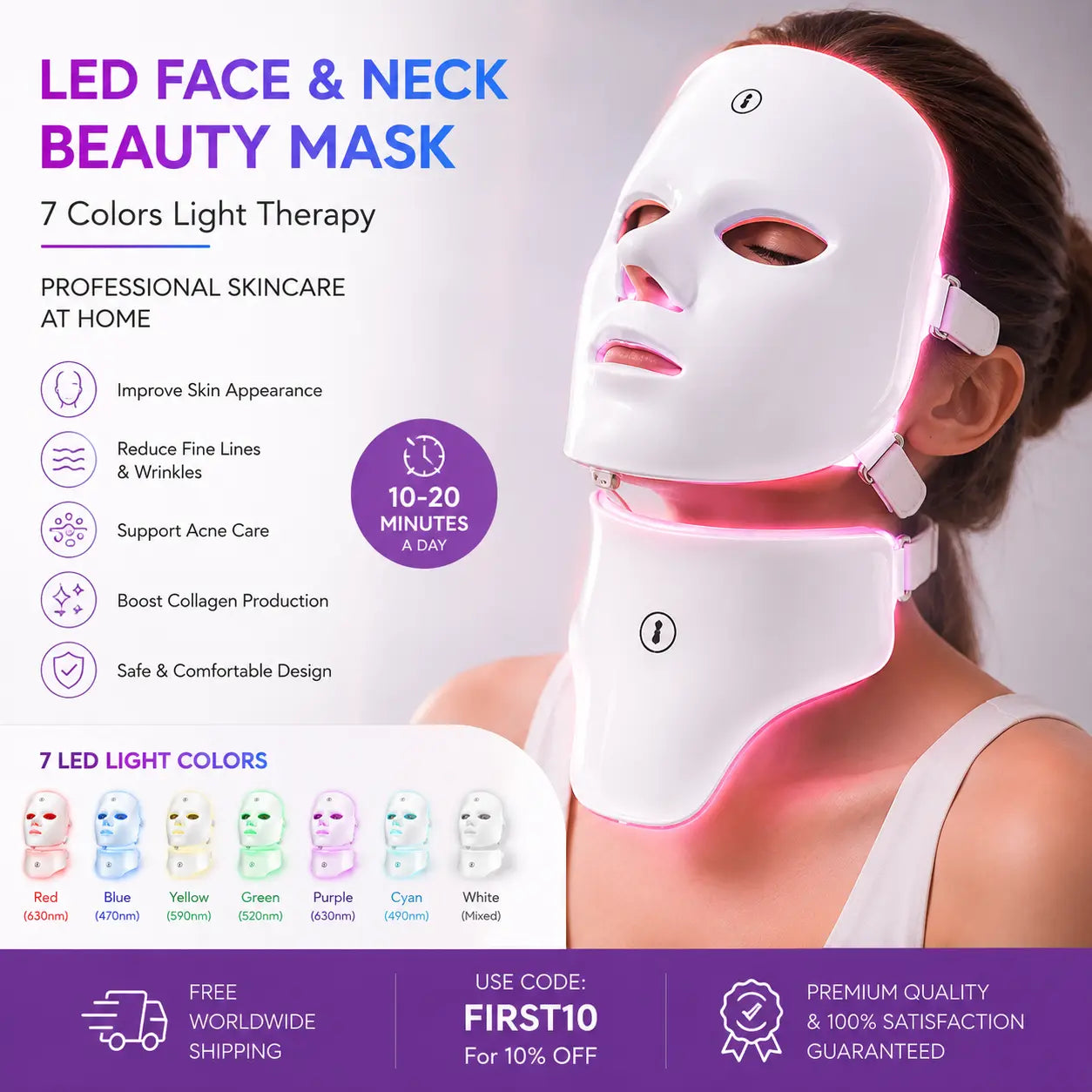 LED face and neck beauty mask with 7 colors of light therapy on a woman wearing it.