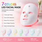 LED facial mask with 7 color options on a pink background