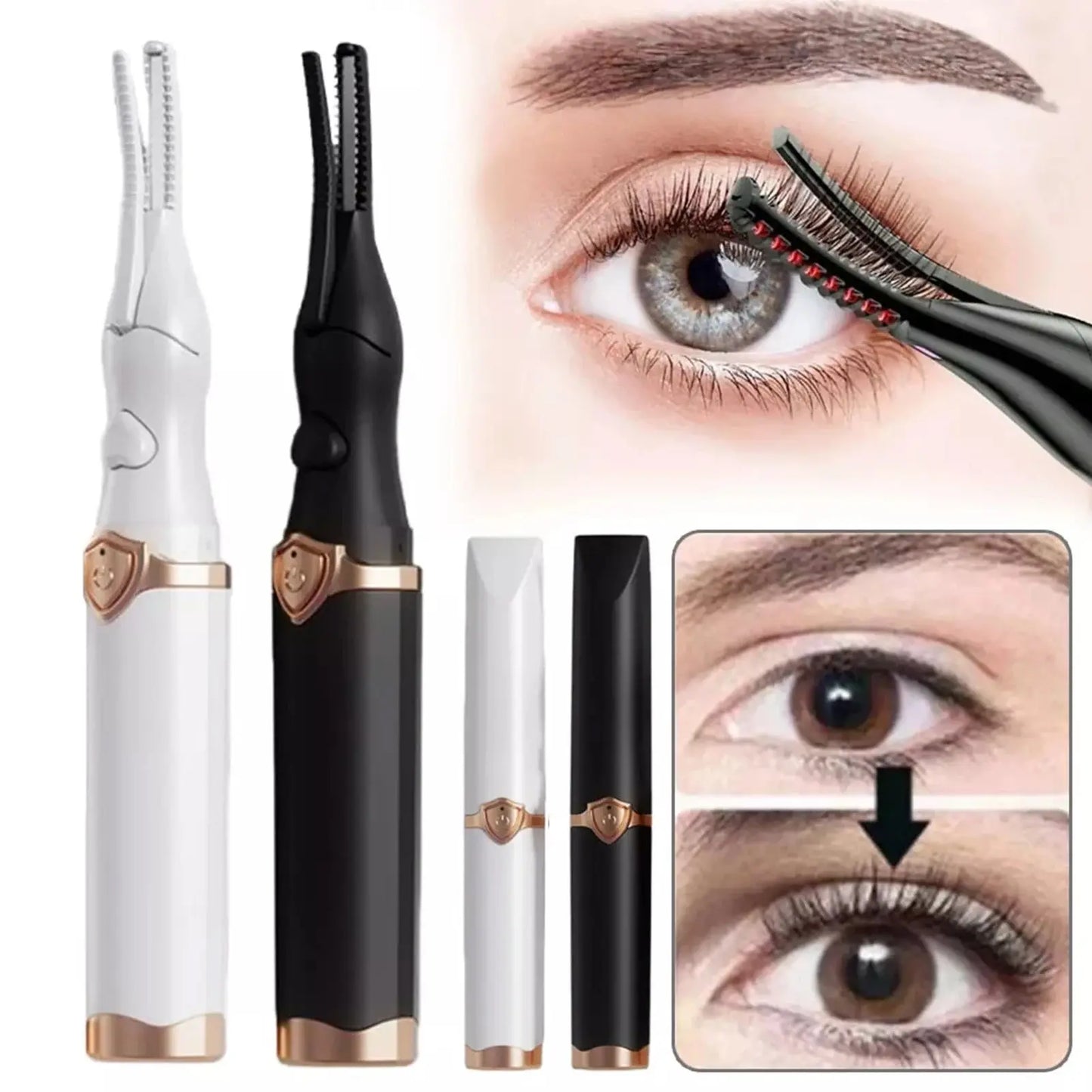 Eyebrow grooming tool with close-up images of an eye using the tool Lash Lift Pro.