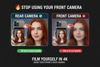 Comparison of rear and front camera quality on a smartphone, with text advising against using front camera.