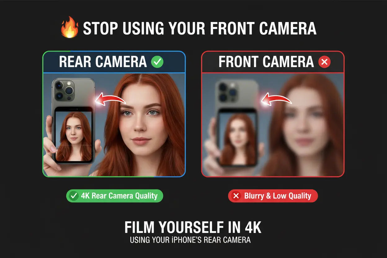 Comparison of rear and front camera quality on a smartphone, with text advising against using front camera.