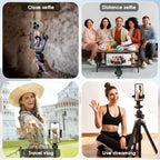 Collage of people using a smartphone with a selfie stick in various settings.