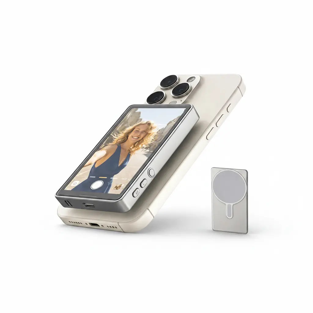 Smartphone with a mirror attachment on a white background