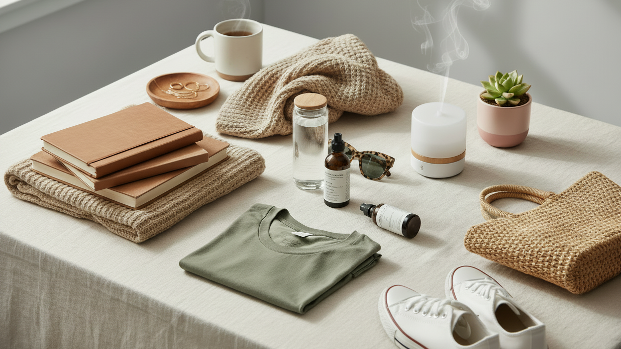  beige lifestyle image featuring skincare, home, fashion, and everyday essentials from Prime Store