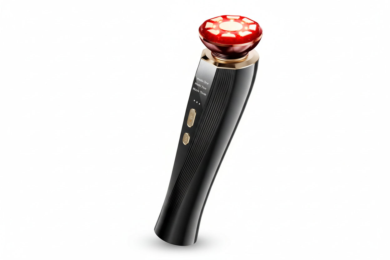 Black and gold device with a Red Light Facial Massager on a white background