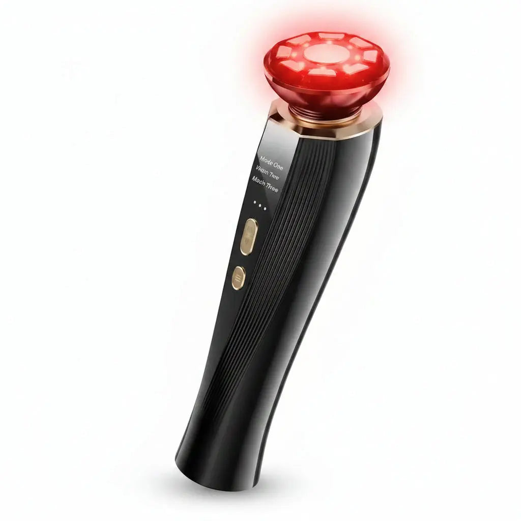 Black and gold device with a Red Light Facial Massager on a white background