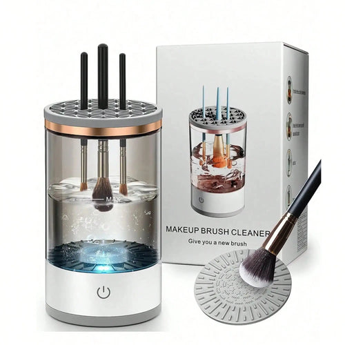 Makeup brush cleaner with brushes, packaging, and a cleaning pad on a white background