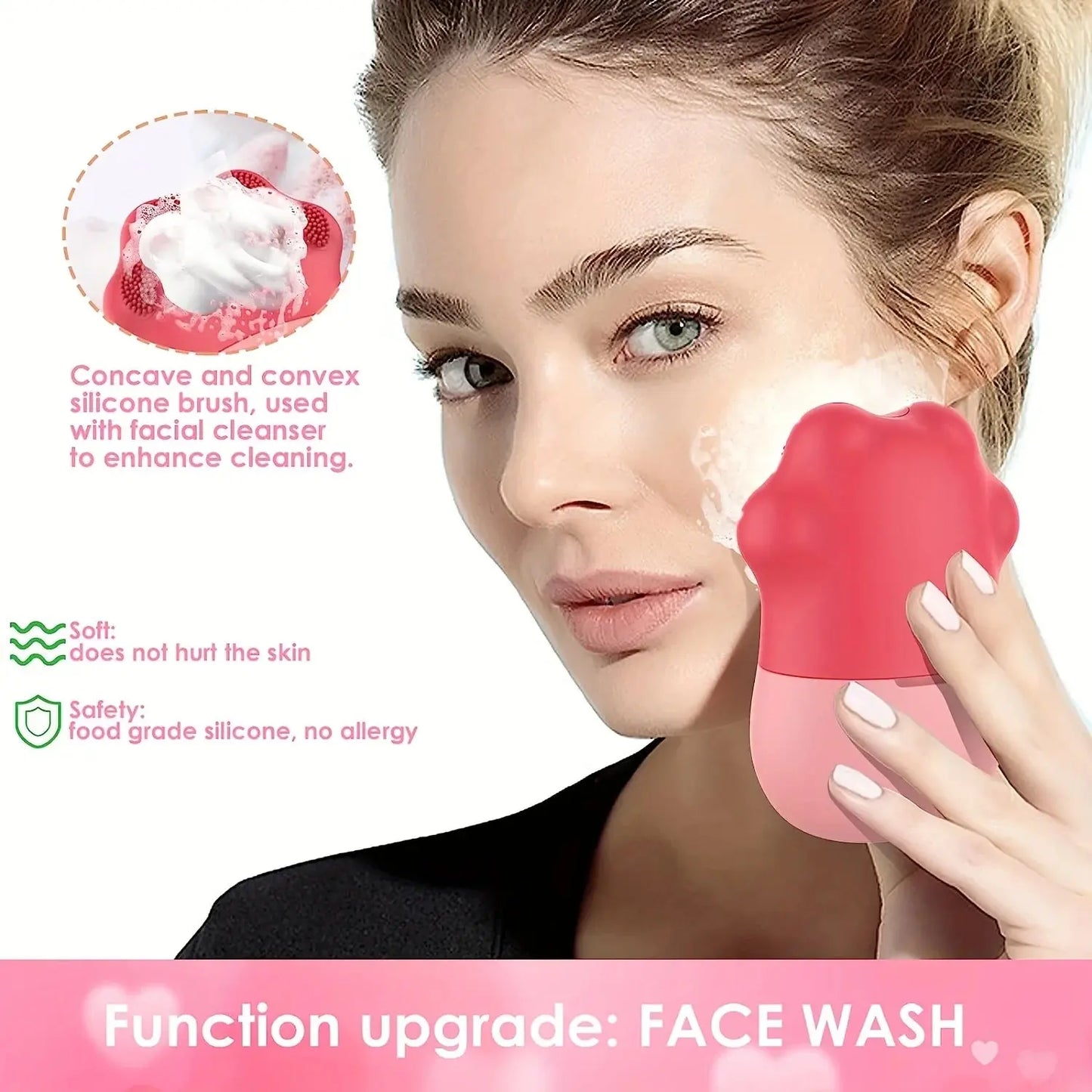 Woman using a pink silicone face wash brush with text highlighting features on a white background