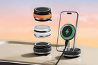 Vacuum suction magnetic wireless charger with smartphone on a beige surface
