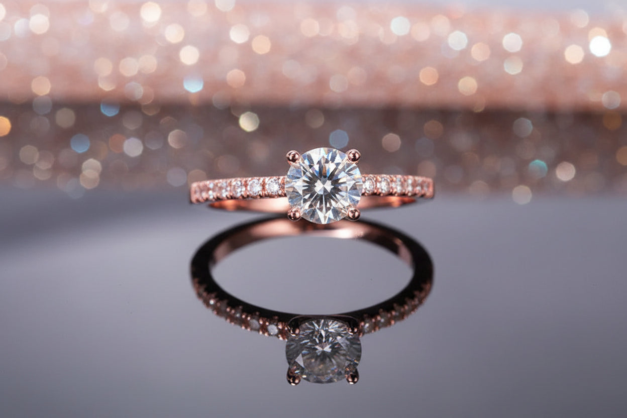 Rose gold ring with a large diamond on a reflective surface