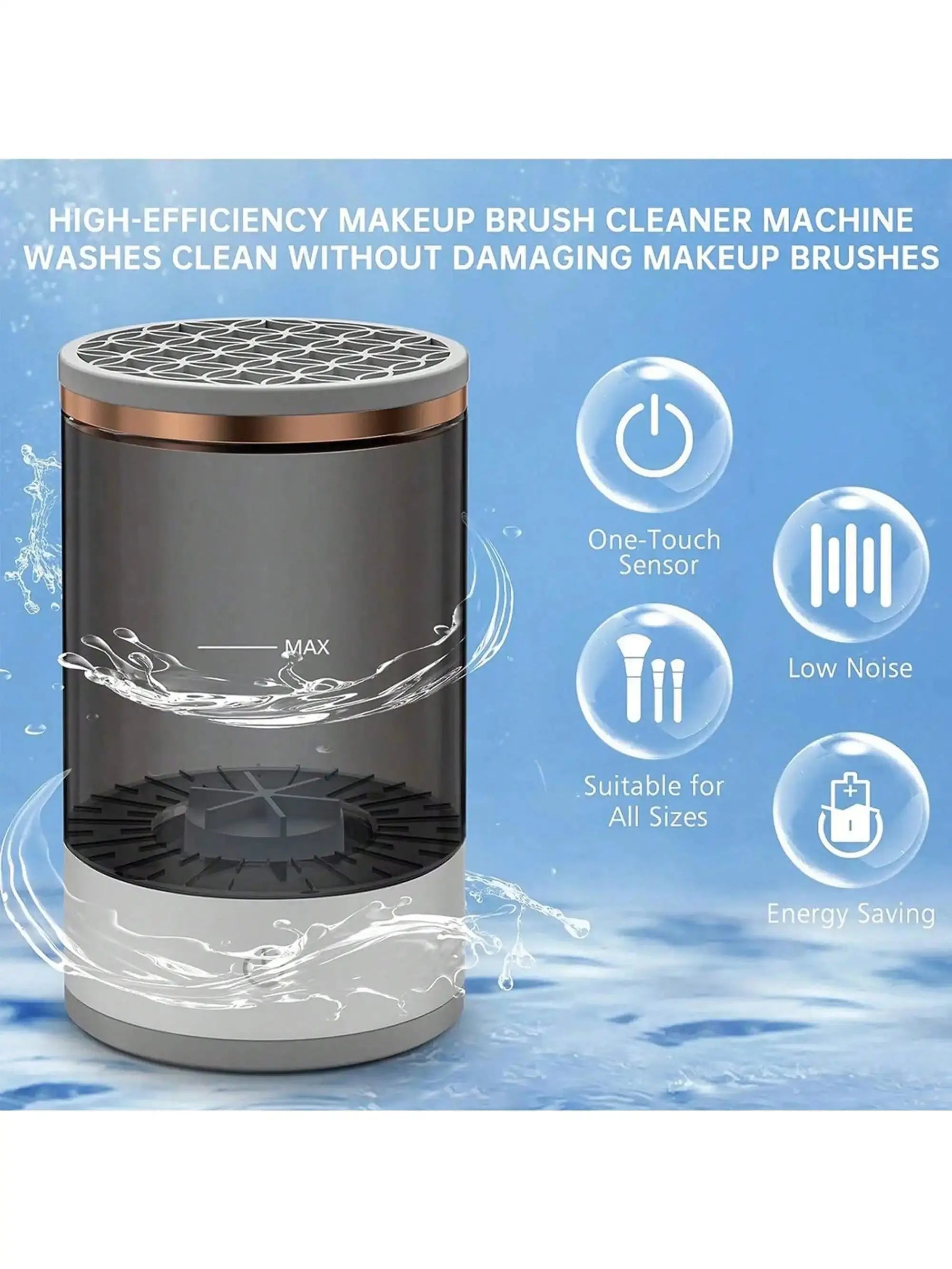 Makeup brush cleaner machine with features on a blue background