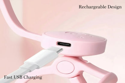 Rechargeable heated eyelash curler showing USB charging port for convenient daily use
