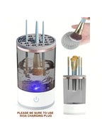 Cosmetic brush cleaner with LED light and charging station on a white background