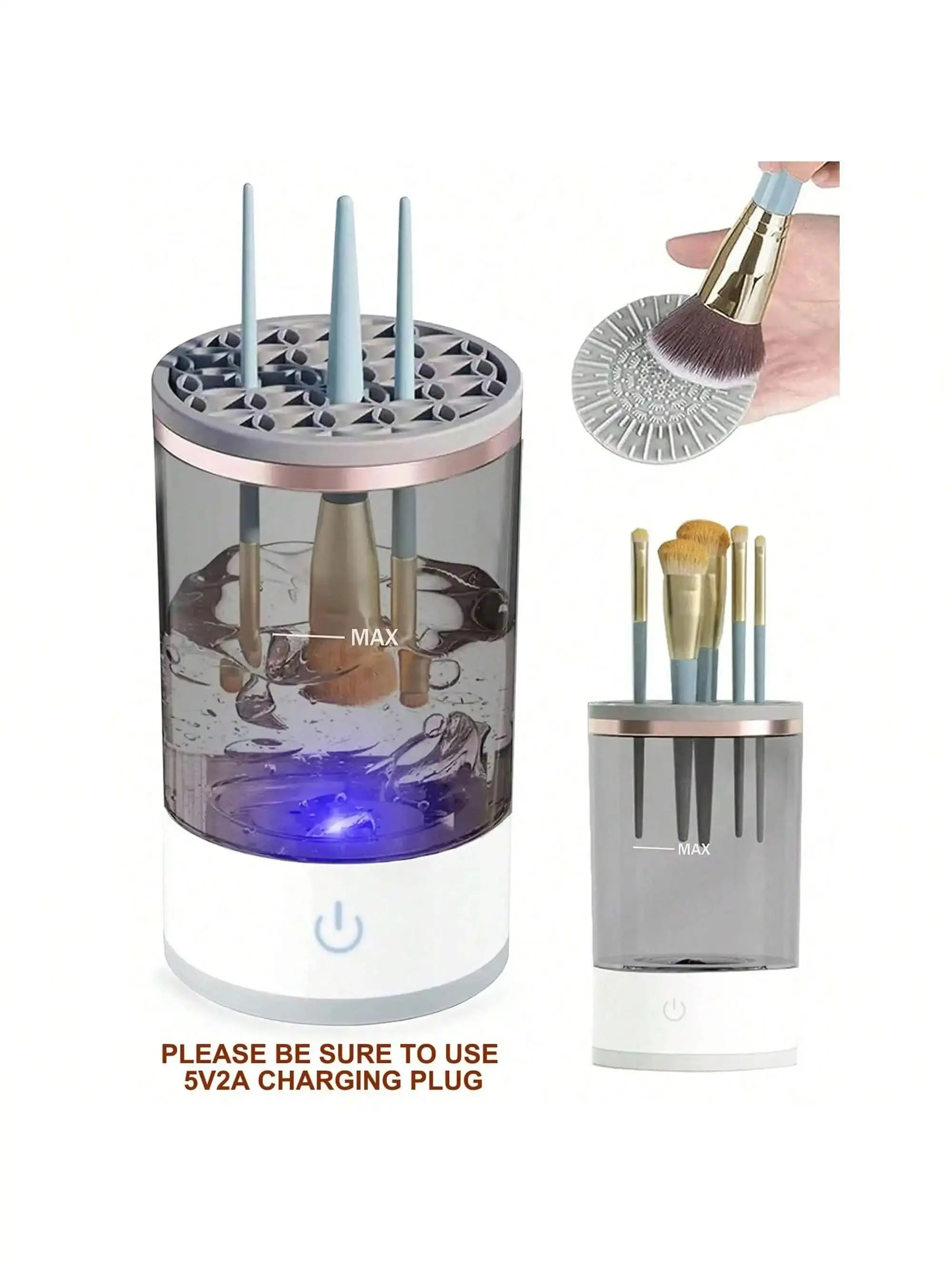 Cosmetic brush cleaner with LED light and charging station on a white background