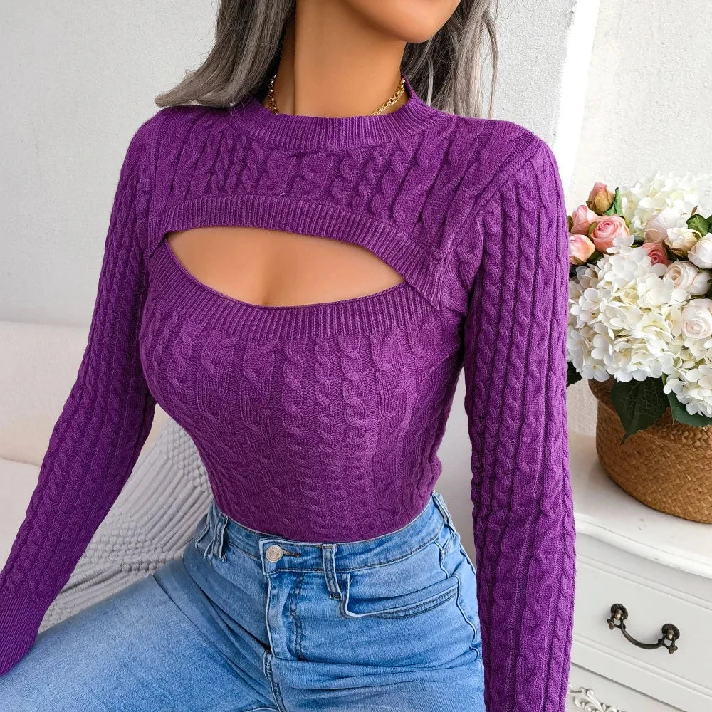 Chic Hollow-Out Cable Knit Sweater – Elegant Long Sleeve Winter Top for Women
