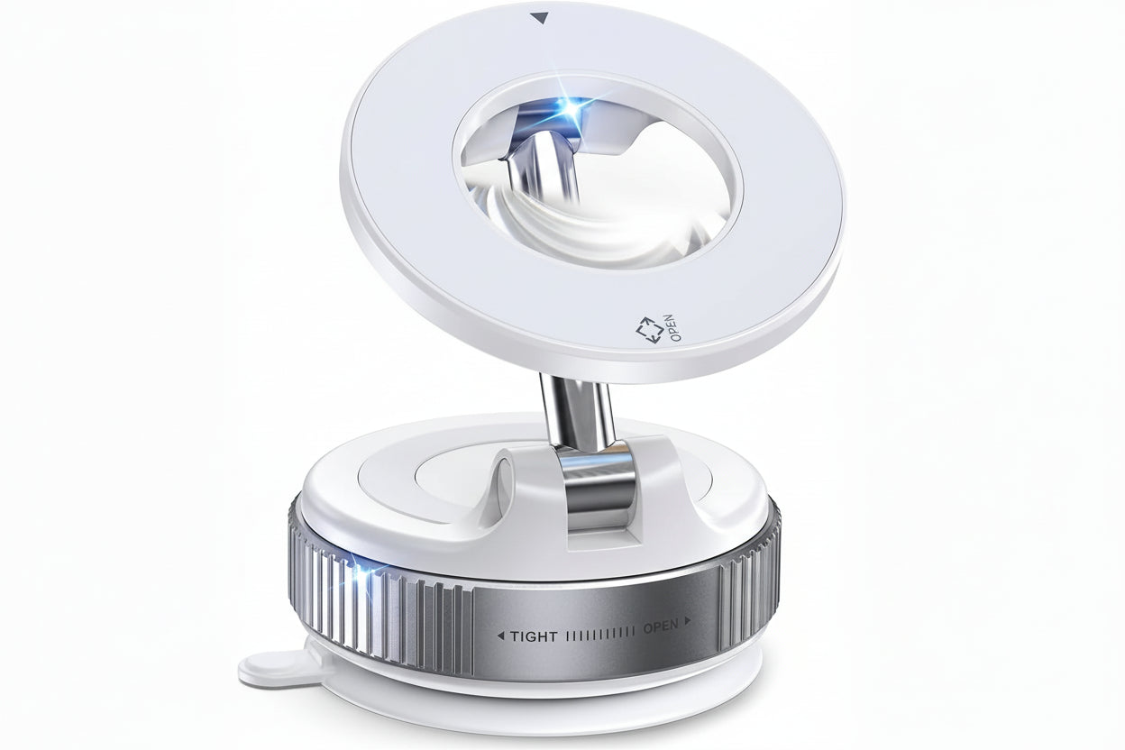 White and silver magnifying glass with adjustable stand on a white background