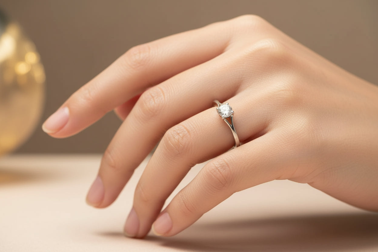 Diamond ring on a reflective surface with a blurred background