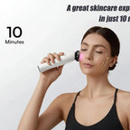 Woman using a skincare device with text about a great skincare experience in just 10 minutes.