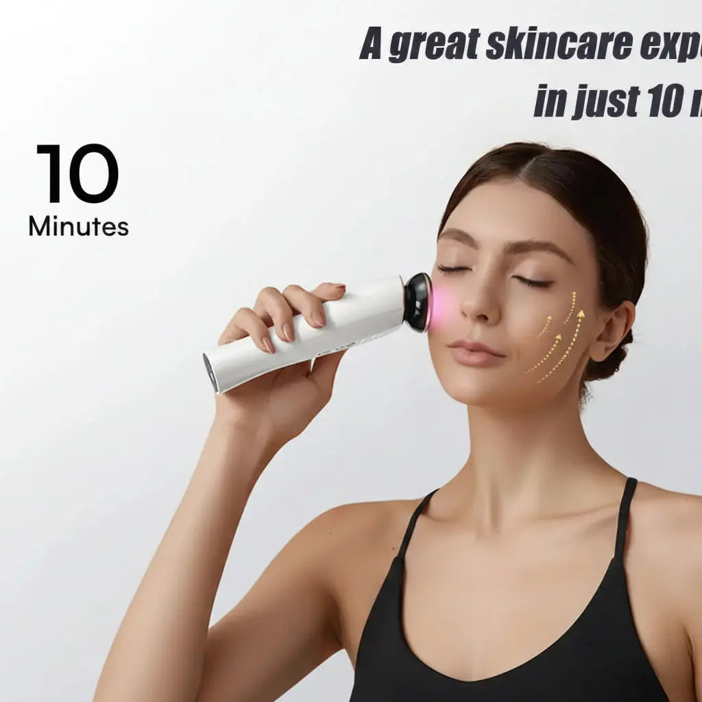 Woman using a skincare device with text about a great skincare experience in just 10 minutes.