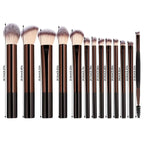 Set of makeup brushes with brown handles and black bristles on a white background