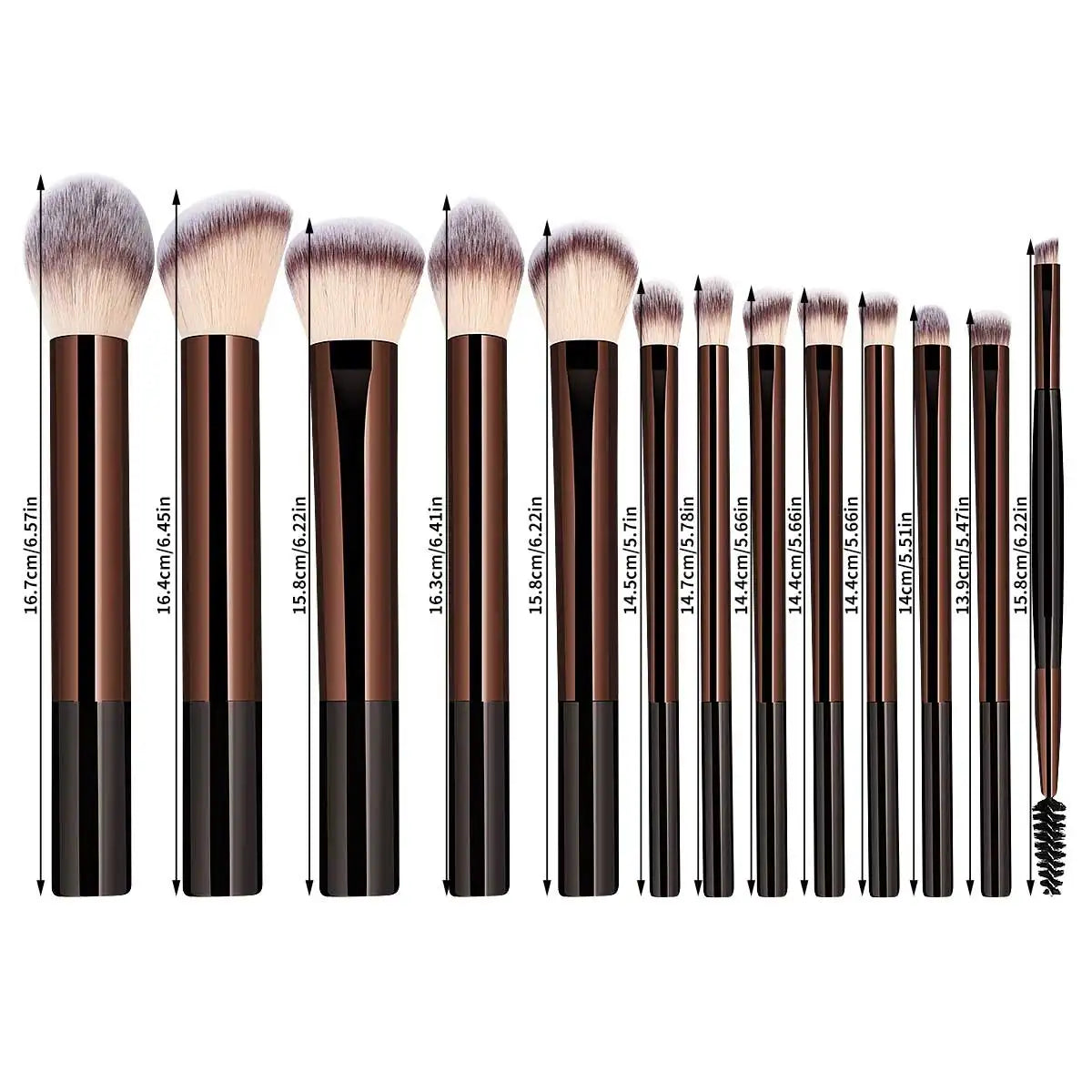 Set of makeup brushes with brown handles and black bristles on a white background