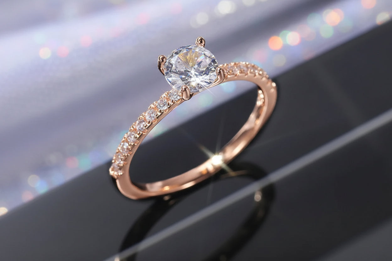 Gold ring with a large diamond and smaller diamonds on a reflective surface