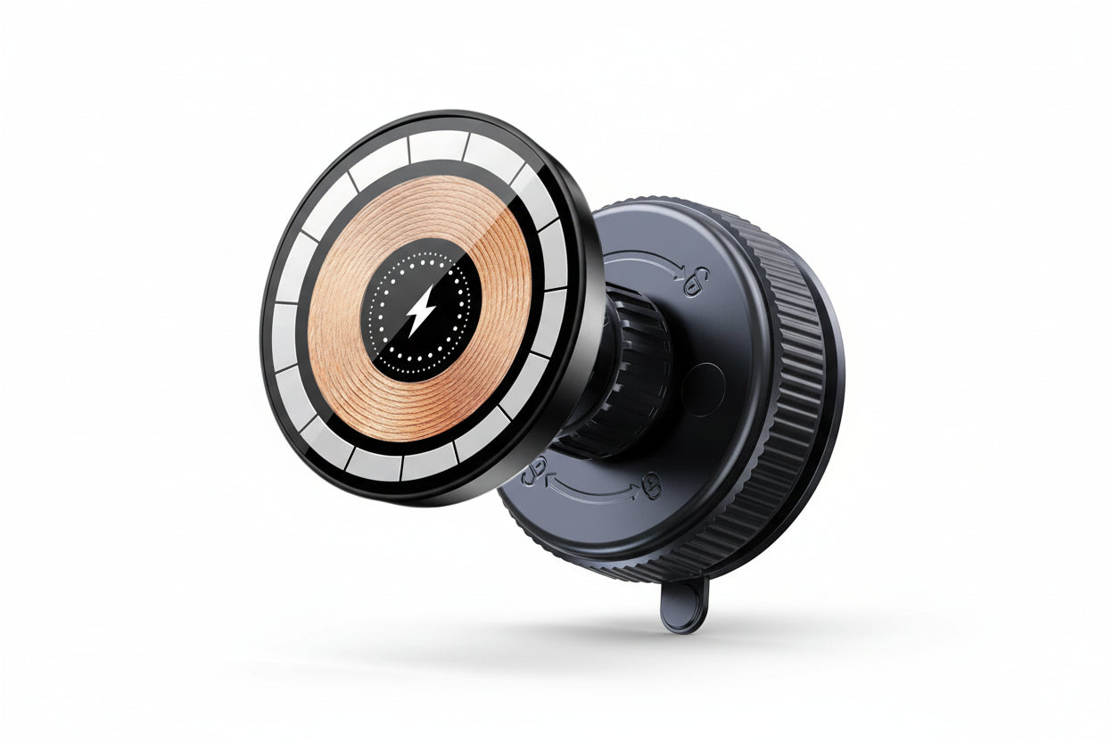 Black magnetic car mount with lightning bolt symbol on a white background