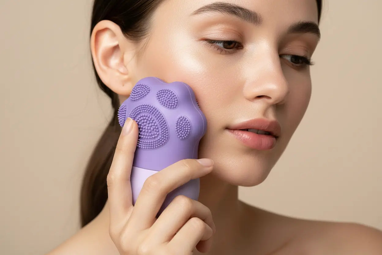 Woman using a purple facial cleansing brush on her face against a beige background