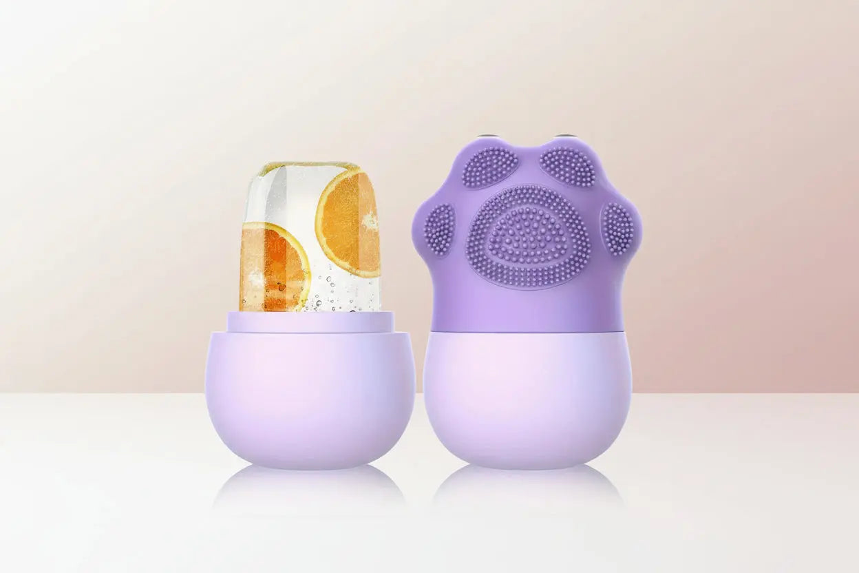 Purple silicone scrubber with textured top and plain bottom on a white background