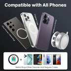 Phone cases and metal ring compatible with various devices on a dark background