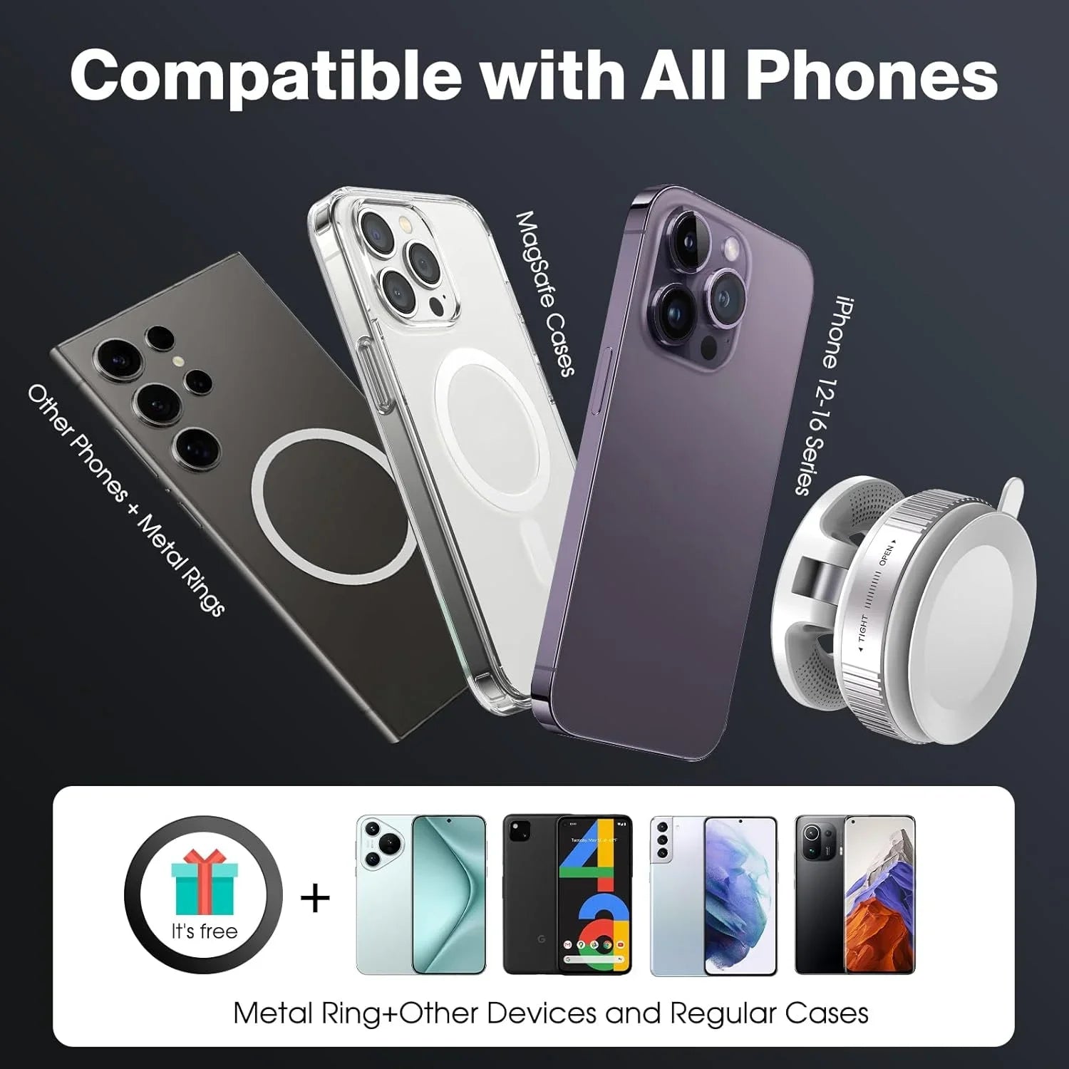 Phone cases and metal ring compatible with various devices on a dark background