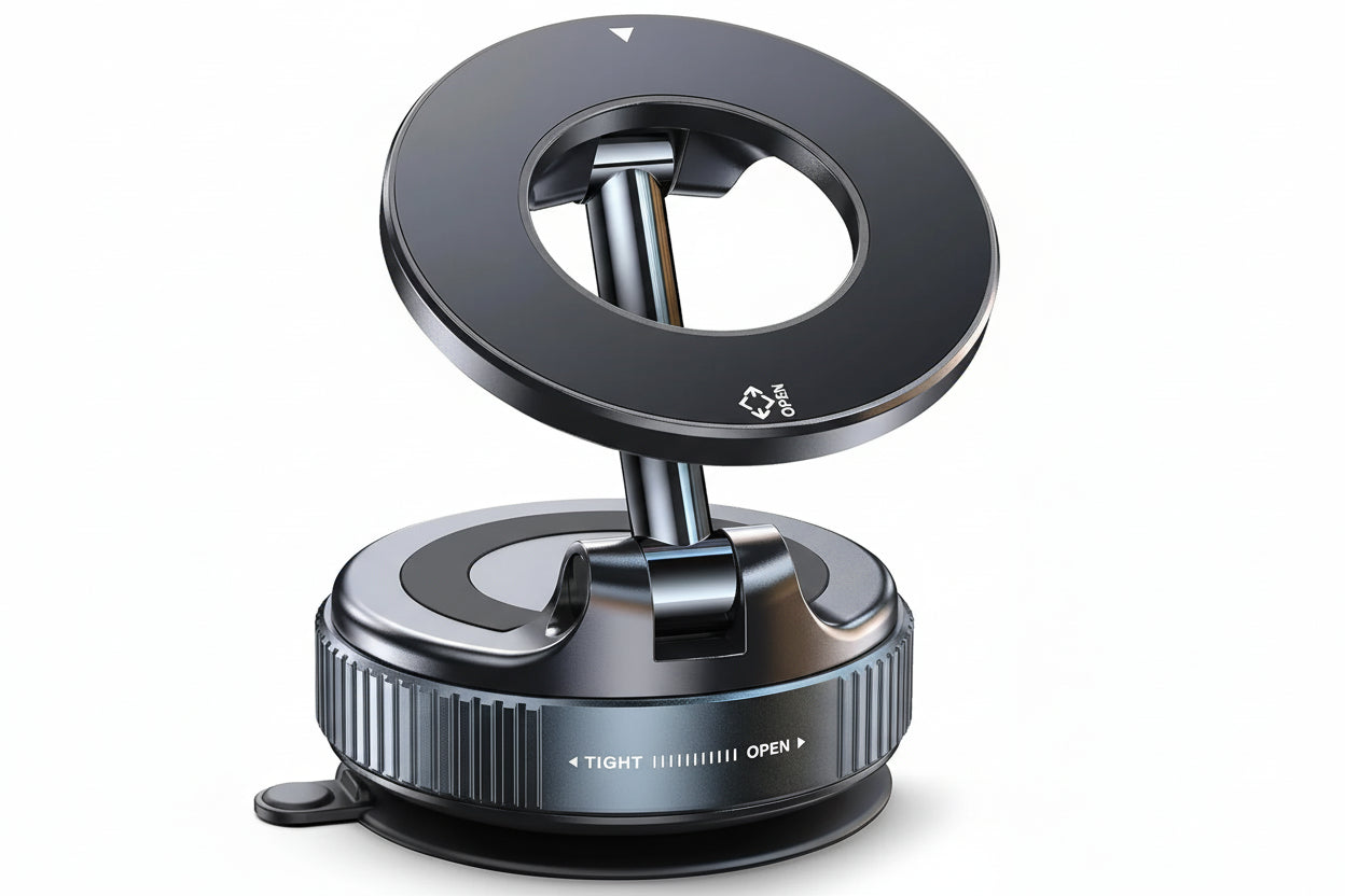 Black metal ring light with adjustable base on a white background