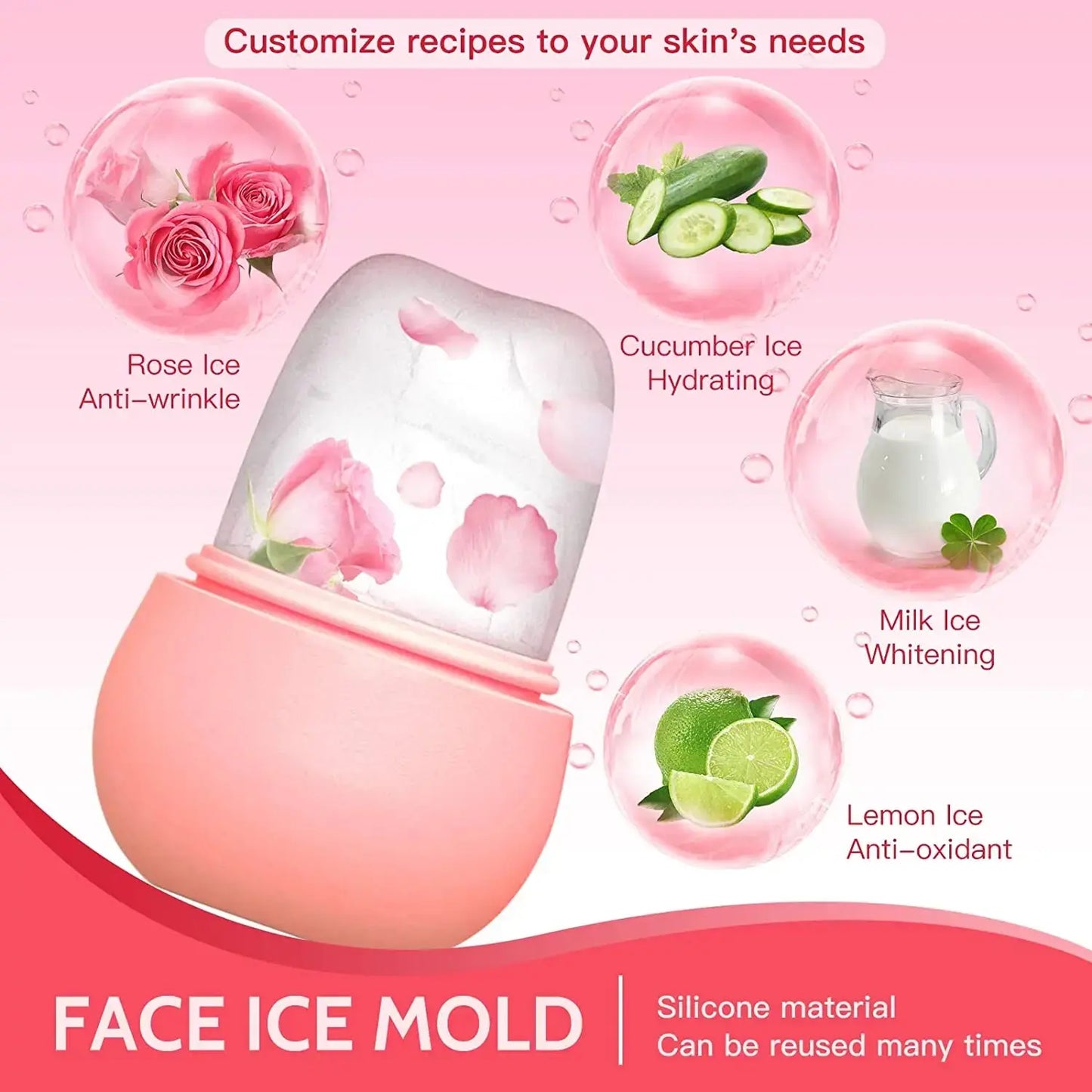 Pink face ice mold with ingredients and benefits on a pink background